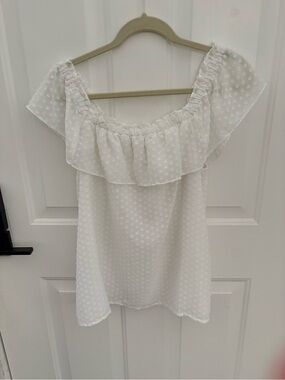 LOFT White Swiss Dot Off-Shoulder Ruffle Top